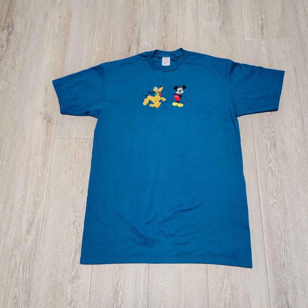 Vintage Jerzees Mickey Mouse Pluto Embroidered T-Shirt Teal Blue Mens Large USA